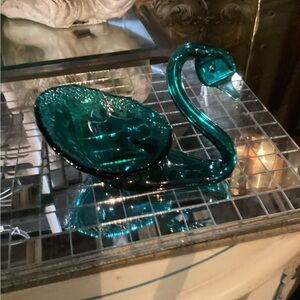 Vintage Teal Glass Swan Sculpture